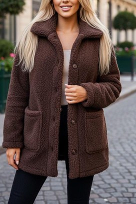 дамска плюшена жилетка с яка и акцентни джобове MONTANZA BROWN