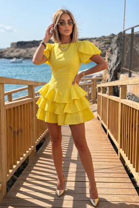 къса рокля с подчертана талия и волани ZOLVENA YELLOW