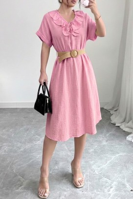 ефирна миди рокля с волани и ефектна яка VIREMORA PINK