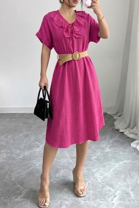 ефирна миди рокля с волани и ефектна яка VIREMORA FUCHSIA