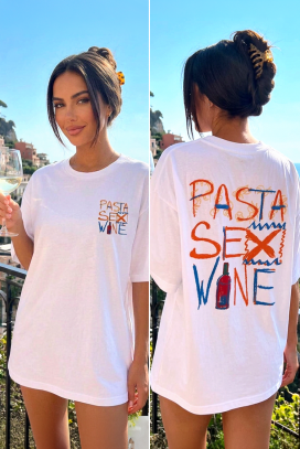дамска тениска със свободен силует и принт pasta sex wine BELVITA