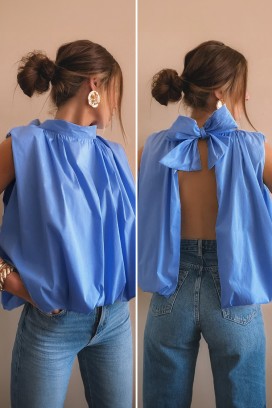 изящен дамски топ с отворен гръб и кокетна панделка NERINITA BLUE