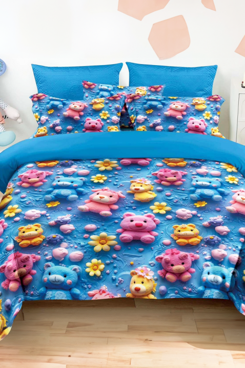 Спален комплект FLOWERS BEAR 160x200 cm памук - 3 части, Цвят: син, IVET.BG - Твоят онлайн бутик.