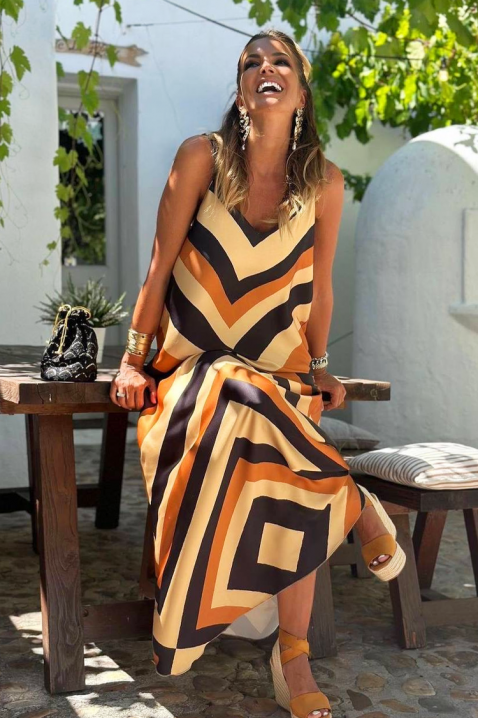 Дълга рокля с многоцветен дизайн и V-образно деколте FERFOLA, Цвят: многоцветен, IVET.BG - Твоят онлайн бутик.