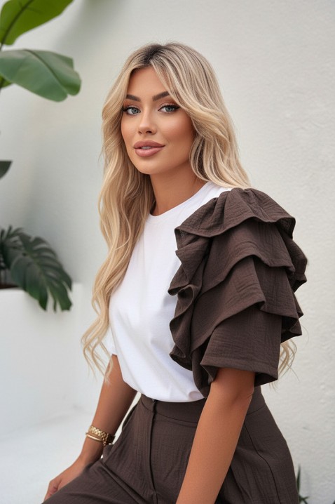 Ежедневен модерен комплект с ефектен ръкав HIRDONA BROWN, Цвят: кафяв, IVET.BG - Твоят онлайн бутик.