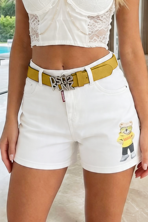 Дамски къси дънкови панталонки с висока талия CARMELITA, Цвят: бял, IVET.BG - Твоят онлайн бутик.