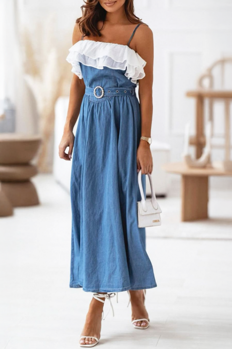 Eлегантна дълга рокля с волани и декоративен колан TOMINZA, Цвят: син, IVET.BG - Твоят онлайн бутик.