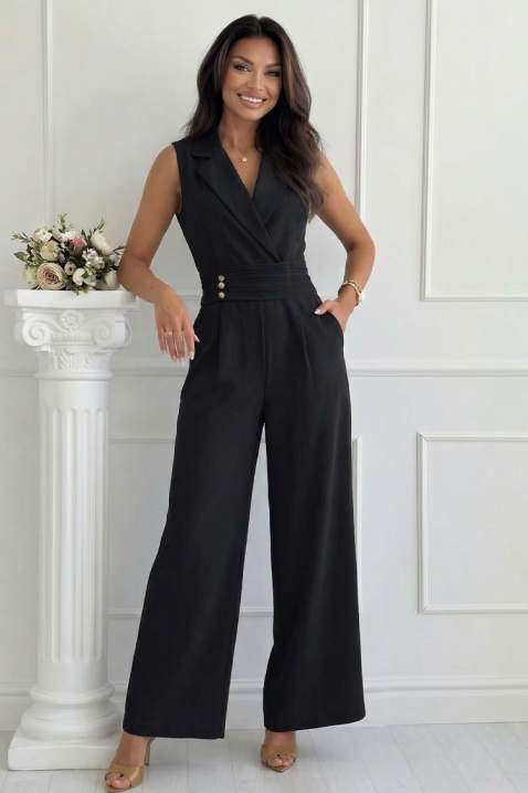 Елегантен гащеризон с ревери и златни копчета SELESTE BLACK, Цвят: черен, IVET.BG - Твоят онлайн бутик.