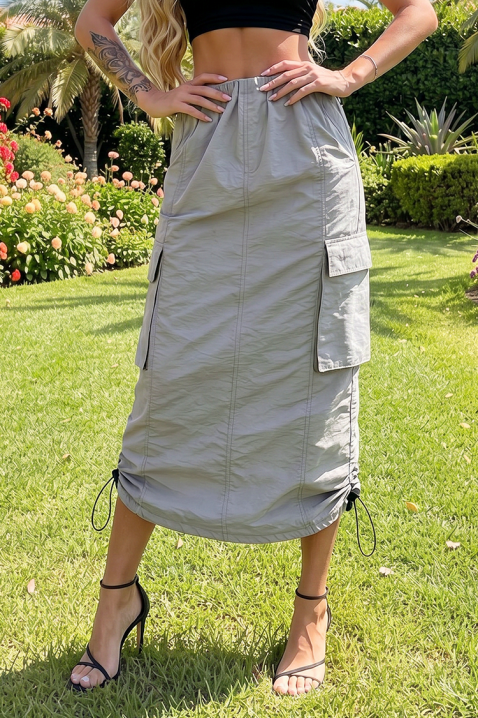 Дамска спортно-елегантна миди пола с висока талия и карго джобове CALZINA GREY, Цвят: сив, IVET.BG - Твоят онлайн бутик.