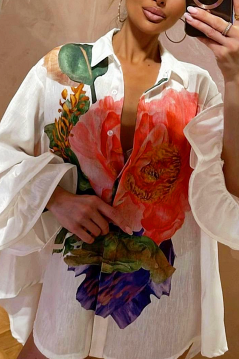 Стилна асиметрична дамска риза с ефектен флорален принт EVGENITA, Цвят: бял, IVET.BG - Твоят онлайн бутик.