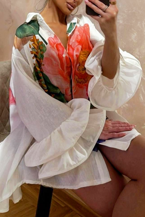 Стилна асиметрична дамска риза с ефектен флорален принт EVGENITA, Цвят: бял, IVET.BG - Твоят онлайн бутик.