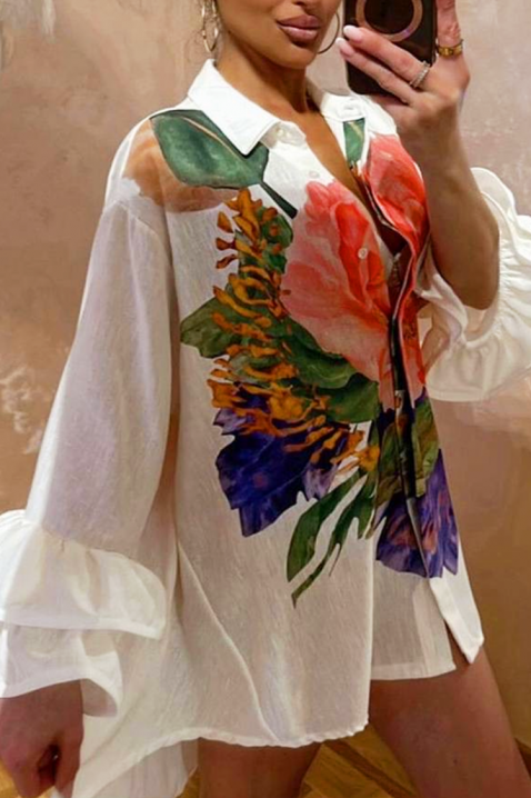 Стилна асиметрична дамска риза с ефектен флорален принт EVGENITA, Цвят: бял, IVET.BG - Твоят онлайн бутик.