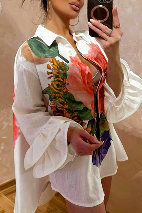 Стилна асиметрична дамска риза с ефектен флорален принт EVGENITA, Цвят: бял, IVET.BG - Твоят онлайн бутик.