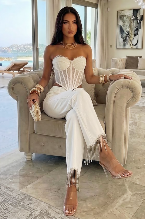 Дамски бели дънки с ресни и накъсани елементи LURISA, Цвят: бял, IVET.BG - Твоят онлайн бутик.