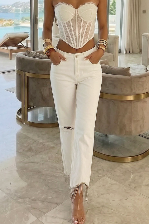 Дамски бели дънки с ресни и накъсани елементи LURISA, Цвят: бял, IVET.BG - Твоят онлайн бутик.