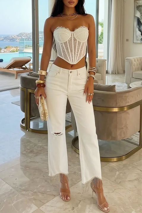 Дамски бели дънки с ресни и накъсани елементи LURISA, Цвят: бял, IVET.BG - Твоят онлайн бутик.