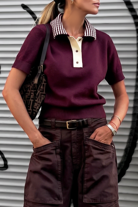 Дамска плетена блуза с яка тип поло CALVIRA BORDO, Цвят: бордо, IVET.BG - Твоят онлайн бутик.