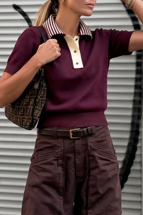 Дамска плетена блуза с яка тип поло CALVIRA BORDO, Цвят: бордо, IVET.BG - Твоят онлайн бутик.