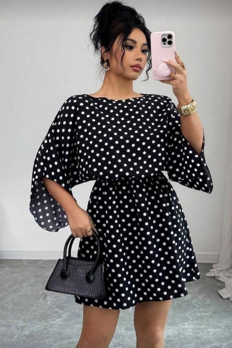Къса рокля с десен на точки и широки ръкави PETITA, Цвят: черно и бяло, IVET.BG - Твоят онлайн бутик.