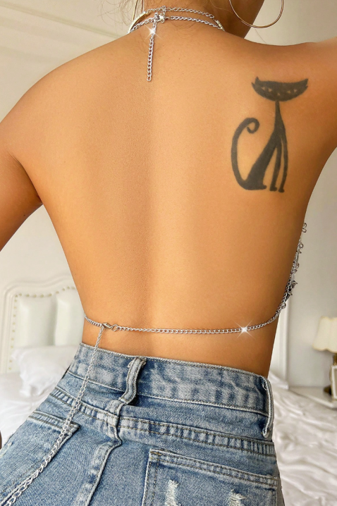 Еротичен мрежест топ с верижки MELVORA, Цвят: сребърен, IVET.BG - Твоят онлайн бутик.