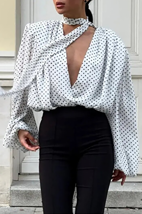 Дамска бяла риза на точки с V-деколте и ефектна връзка VIALINA, Цвят: бял с черен, IVET.BG - Твоят онлайн бутик.