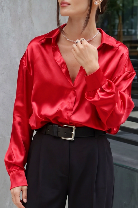 Дамска елегантна сатенена риза с дълъг ръкав AYANDA RED, Цвят: червен, IVET.BG - Твоят онлайн бутик.