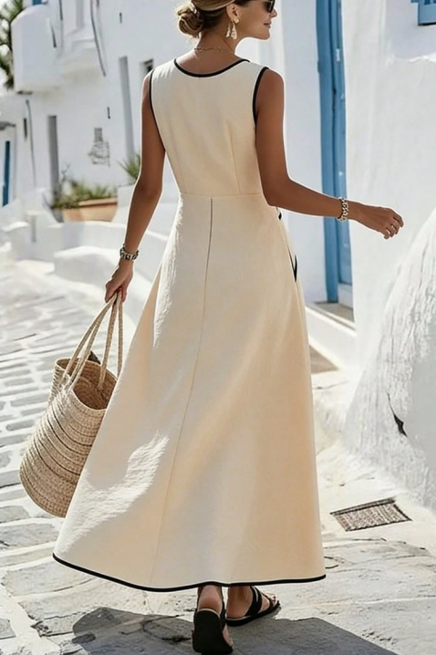 Елеганта дълга лятна рокля с контрастни черни кантове ANRIELA, Цвят: екрю, IVET.BG - Твоят онлайн бутик.