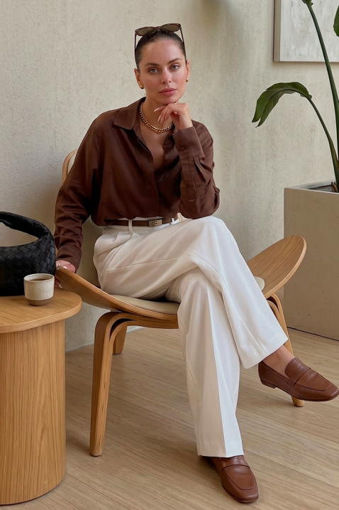 Дамска елегантна сатенена риза с дълъг ръкав AYANDA BROWN, Цвят: кафяв, IVET.BG - Твоят онлайн бутик.