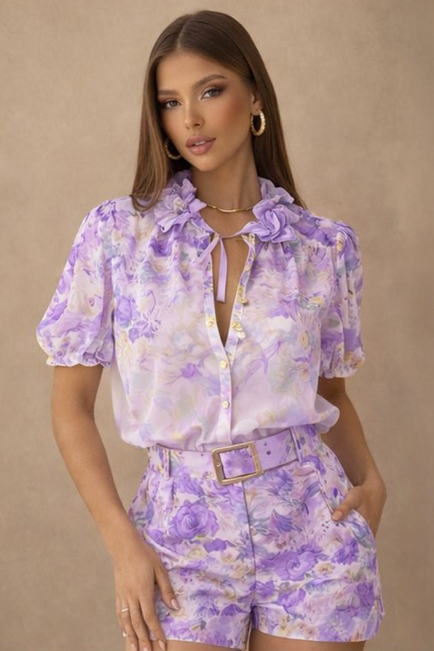 Дамски ефирен флорален комплект с блуза и къси панталони JULIENA LILA, Цвят: лилав, IVET.BG - Твоят онлайн бутик.
