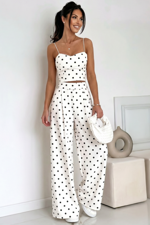 Дамски летен комплект панталон и топ с десен на точки DANILITA WHITE, Цвят: бял, IVET.BG - Твоят онлайн бутик.