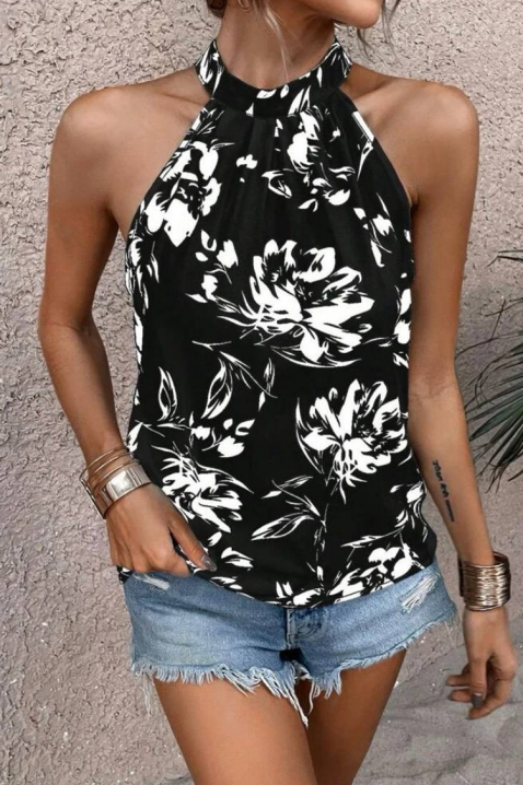 Дамски топ с халтер деколте и флорален принт DORVINA, Цвят: черно и бяло, IVET.BG - Твоят онлайн бутик.