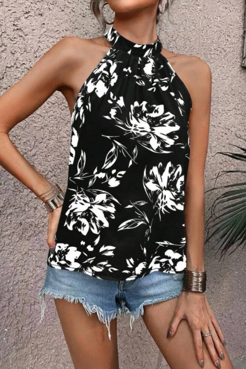 Дамски топ с халтер деколте и флорален принт DORVINA, Цвят: черно и бяло, IVET.BG - Твоят онлайн бутик.