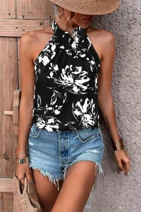 Дамски топ с халтер деколте и флорален принт DORVINA, Цвят: черно и бяло, IVET.BG - Твоят онлайн бутик.