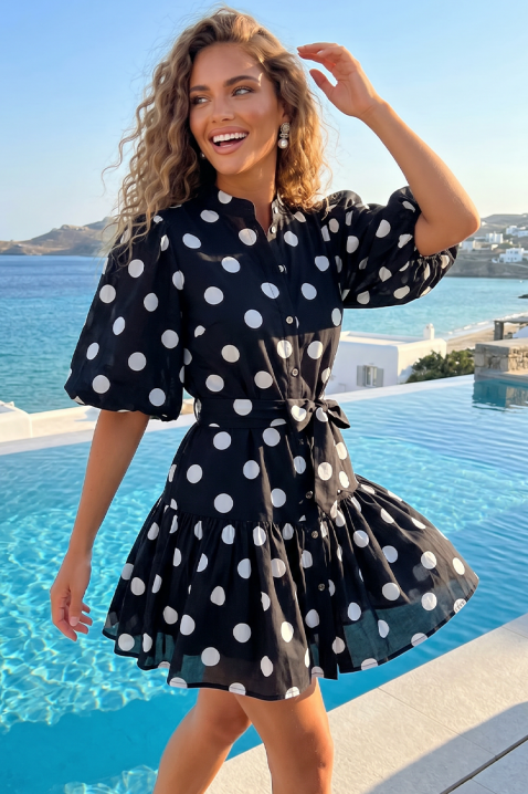 Рокля с десен на точки и буфан ръкави SUNY BLACK, Цвят: черен, IVET.BG - Твоят онлайн бутик.