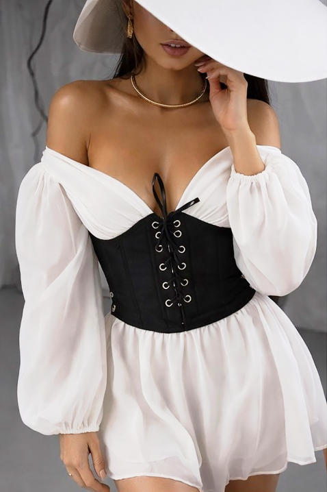 Къса рокля с корсет, паднало рамо и ефирни ръкави SOLZIRA, Цвят: екрю, IVET.BG - Твоят онлайн бутик.