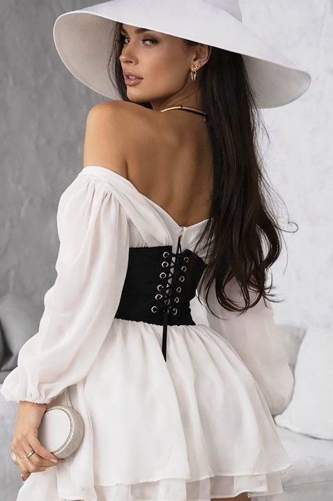 Къса рокля с корсет, паднало рамо и ефирни ръкави SOLZIRA, Цвят: екрю, IVET.BG - Твоят онлайн бутик.