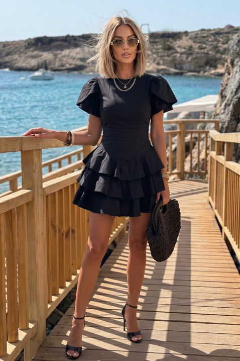 Къса рокля с подчертана талия и волани ZOLVENA BLACK, Цвят: черен, IVET.BG - Твоят онлайн бутик.