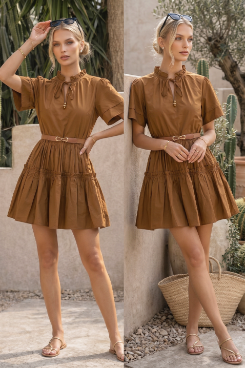 Къса разкроена рокля с ефектни волани AXIMENA BROWN, Цвят: кафяв, IVET.BG - Твоят онлайн бутик.
