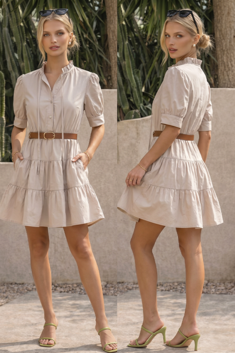 Къса разкроена рокля с ефектни волани AXIMENA BEIGE, Цвят: беж, IVET.BG - Твоят онлайн бутик.