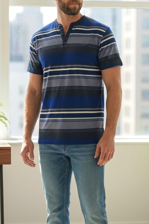 Класическа мъжка тениска на райета с къс ръкав BLUFEGO, Цвят: син, IVET.BG - Твоят онлайн бутик.