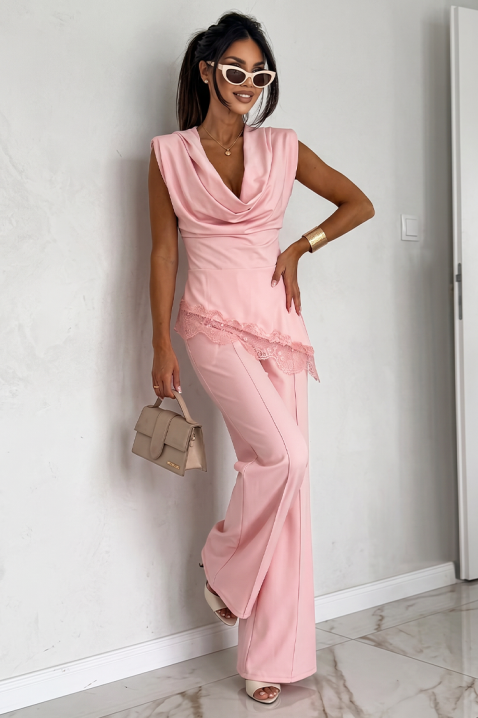 Eжедневен комплект от топ с ефектно деколте и широк панталон ZELVORA PINK, Цвят: розов, IVET.BG - Твоят онлайн бутик.