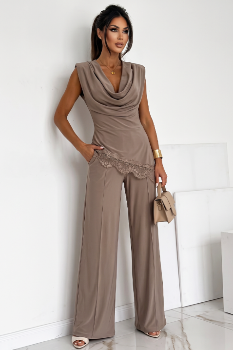 Eжедневен комплект от топ с ефектно деколте и широк панталон ZELVORA BEIGE, Цвят: беж, IVET.BG - Твоят онлайн бутик.