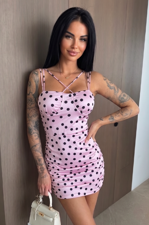 Дамска вталена мини рокля на точки с ефектни презрамки ZANMIRA PINK, Цвят: розов, IVET.BG - Твоят онлайн бутик.