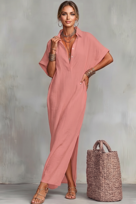Дълга лятна лелена рокля с V-деколте JADANA PINK, Цвят: розов, IVET.BG - Твоят онлайн бутик.