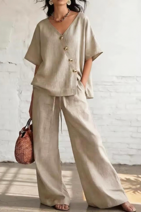 Ленен комплект с асиметричен топ и широк панталон SELENE BEIGE, Цвят: беж, IVET.BG - Твоят онлайн бутик.