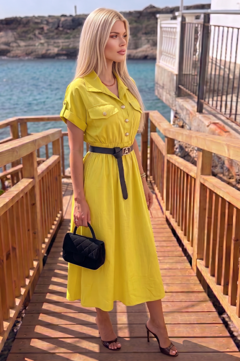 Лятна миди рокля тип сафари с копчета и колан SAFARINA YELLOW, Цвят: жълт, IVET.BG - Твоят онлайн бутик.