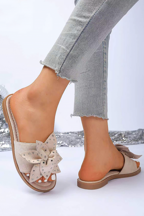 Дамски чехли с декоративна панделка и капси CALRORA BEIGE, Цвят: беж, IVET.BG - Твоят онлайн бутик.
