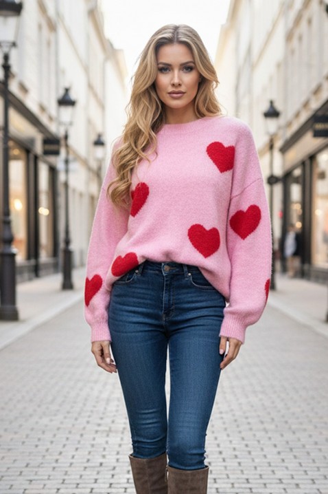Дамски плетен пуловер със сърца VILERIA PINK, Цвят: розов, IVET.BG - Твоят онлайн бутик.