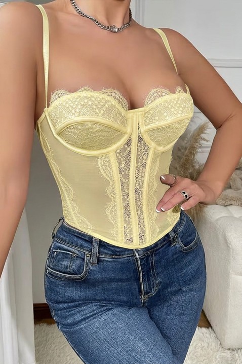 Дамски корсетен топ с фина дантела и тънки презрамки KROELIA YELLOW, Цвят: жълт, IVET.BG - Твоят онлайн бутик.