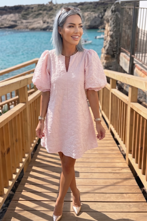 Къса рокля с буфан ръкави и релефна текстура LOVLINA PINK, Цвят: розов, IVET.BG - Твоят онлайн бутик.